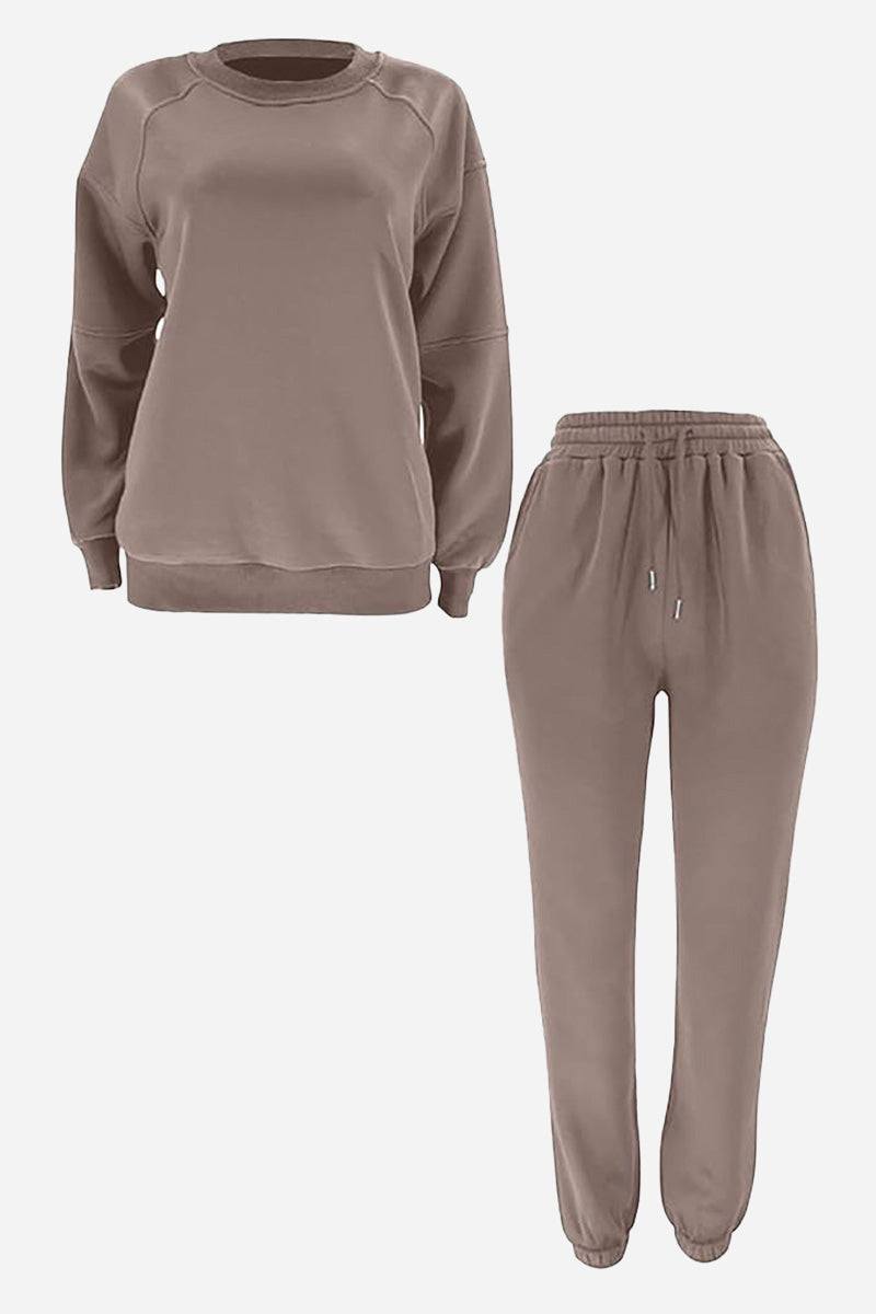 Comfy chic tracksuit set in soft brown polyester with relaxed fit sweatshirt and drawstring jogger pants
