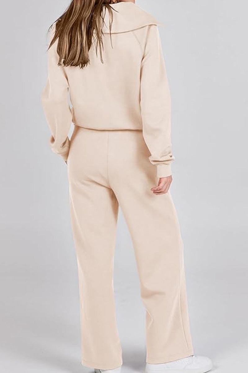 Womens beige Loungewear Buttersoft Tracksuit Set with oversized fit and soft polyester fabric.