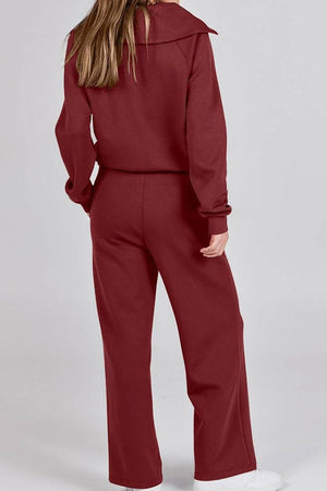 Woman wearing burgundy Loungewear Buttersoft Tracksuit Set with oversized fit and long sleeves shown from back