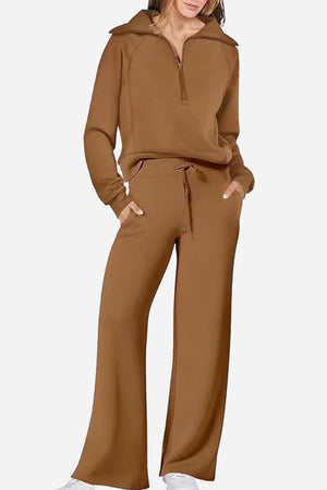 Women's brown loungewear buttersoft tracksuit set with zip-up top and drawstring pants