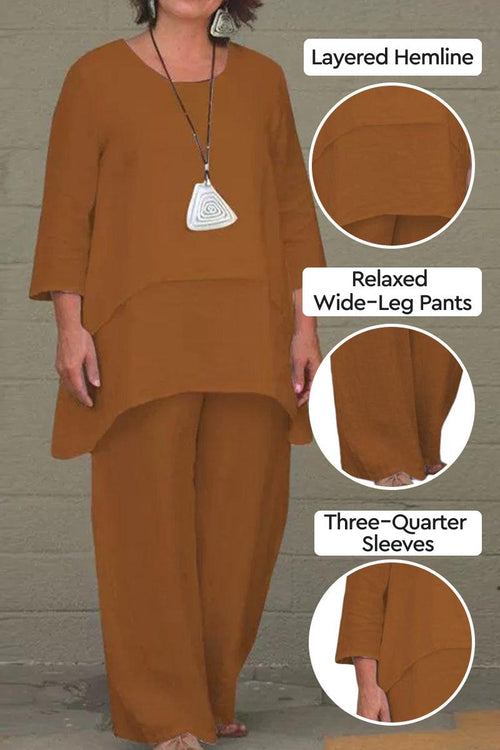 Loose Drape Two-Piece Set with layered hemline top and relaxed wide-leg pants in brown, featuring three-quarter sleeves and loose, breathable polyester-spandex fabric.