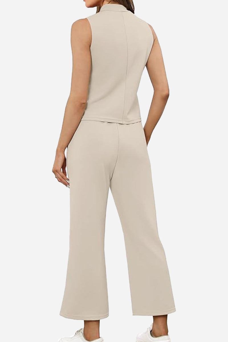 back view of beige Cotton Chic Sleeveless two-piece outfit with sleeveless top and wide-leg pants