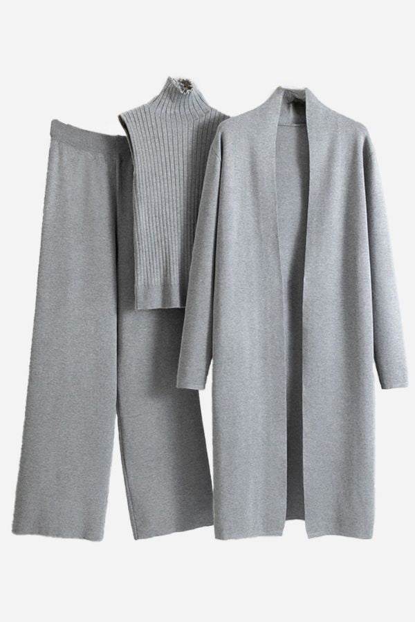 One size fits all premium grey three-piece collection with cardigan, sleeveless top, and wide-leg pants in soft viscose-polyester blend fabric