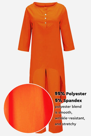 Orange breathable and featherlight loungewear set with 95% polyester and 5% spandex, wrinkle-resistant and stretchy fabric.