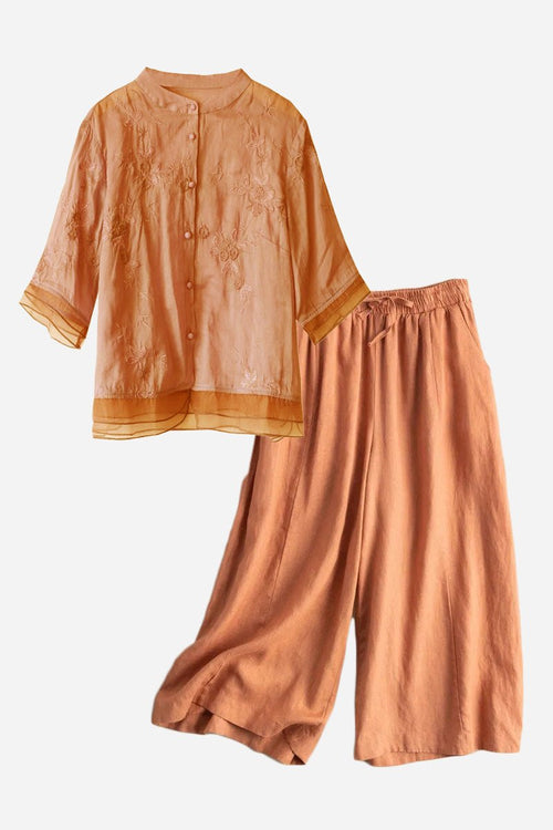Cotton Linen Tuscany embroidered top and wide-leg pants two-piece set in soft terracotta color