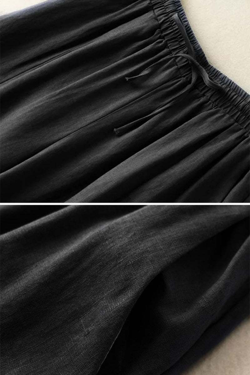 Black wide-leg cotton linen Tuscany trousers with elastic waistband and drawstring detail