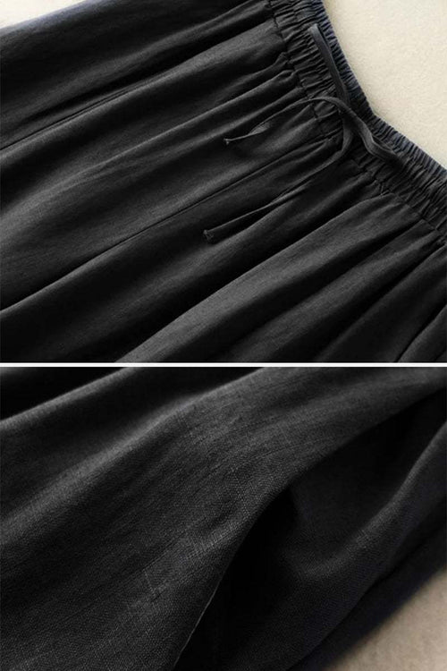 Black cotton linen Tuscany wide-leg trousers with elastic waistband and drawstring detail