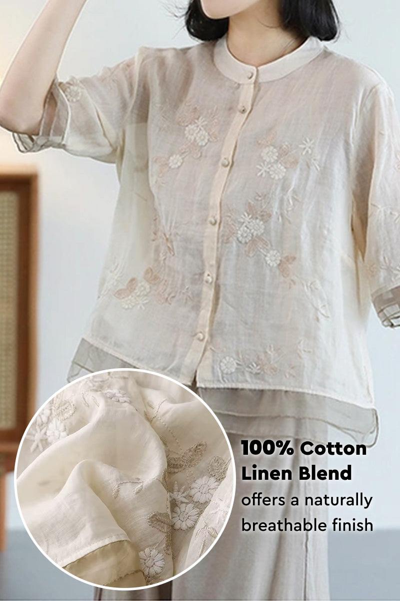 Cotton linen Tuscany embroidered sheer button-up top with breathable fabric for warm weather