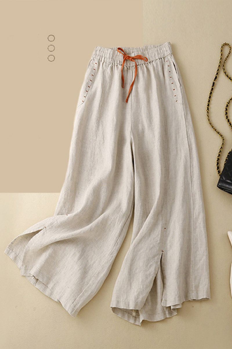 Wide-leg cotton linen Tuscany trousers with elastic waistband and drawstring detail