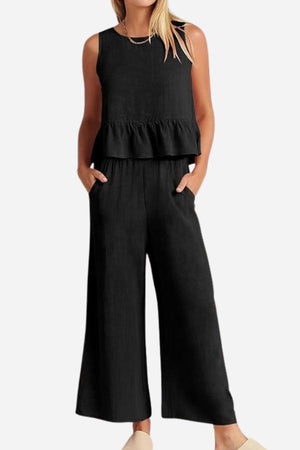 Black Linen-Like Feel Set with sleeveless ruffle top and wide-leg pants for comfortable, stylish wear