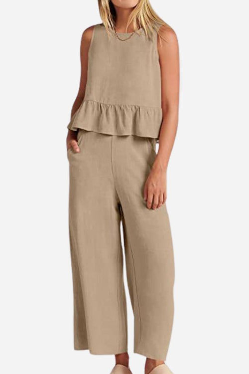 Womans beige linen-like feel set sleeveless top with ruffle hem and wide-leg pants casual breathable outfit