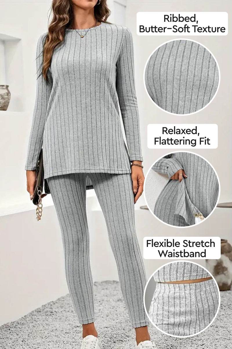 Woman wearing grey Butter Touch Ribbed Two-Piece Set with ribbed texture, stretchy waistband, and relaxed fit
