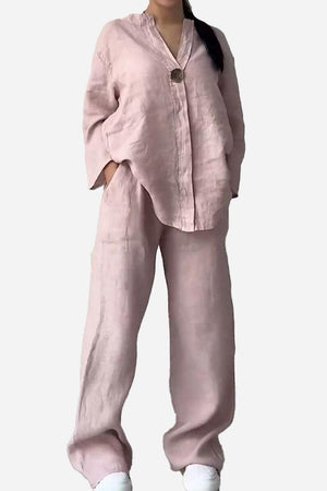 Pure Linen Two-Piece casual comfort set in light pink breathable fabric with relaxed fit