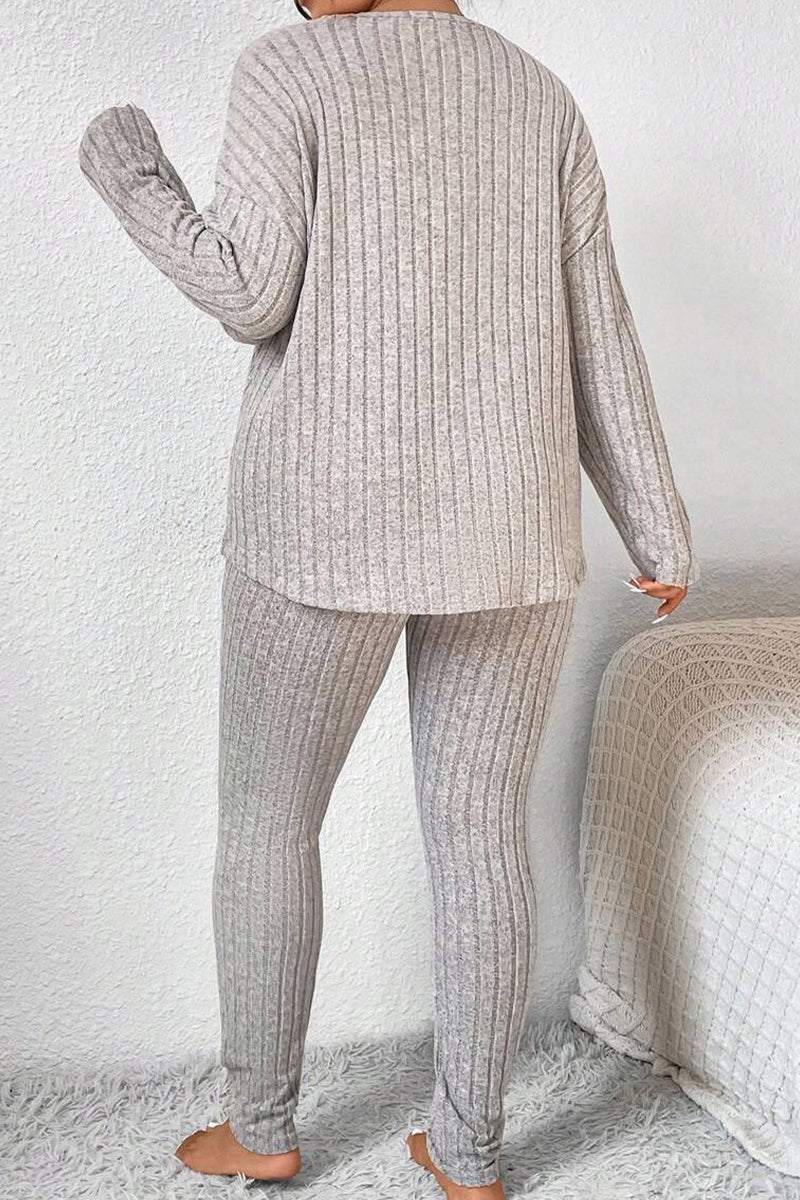 Body Confident Oversized Knit two-piece set in soft ribbed knit fabric, featuring a relaxed fit top and matching leggings in light grey.