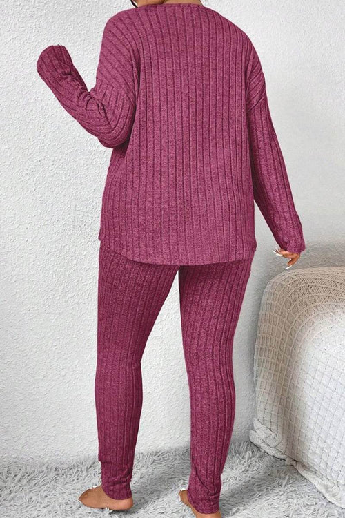 Body Confident Oversized Knit two-piece set in cozy ribbed knit fabric in a rich berry color, featuring a relaxed fit top and matching leggings.