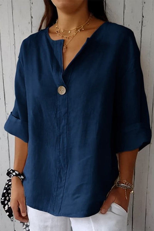 Women's navy pure linen age-defying shirt with button detail, breathable and lightweight fabric, perfect for casual and elegant wear