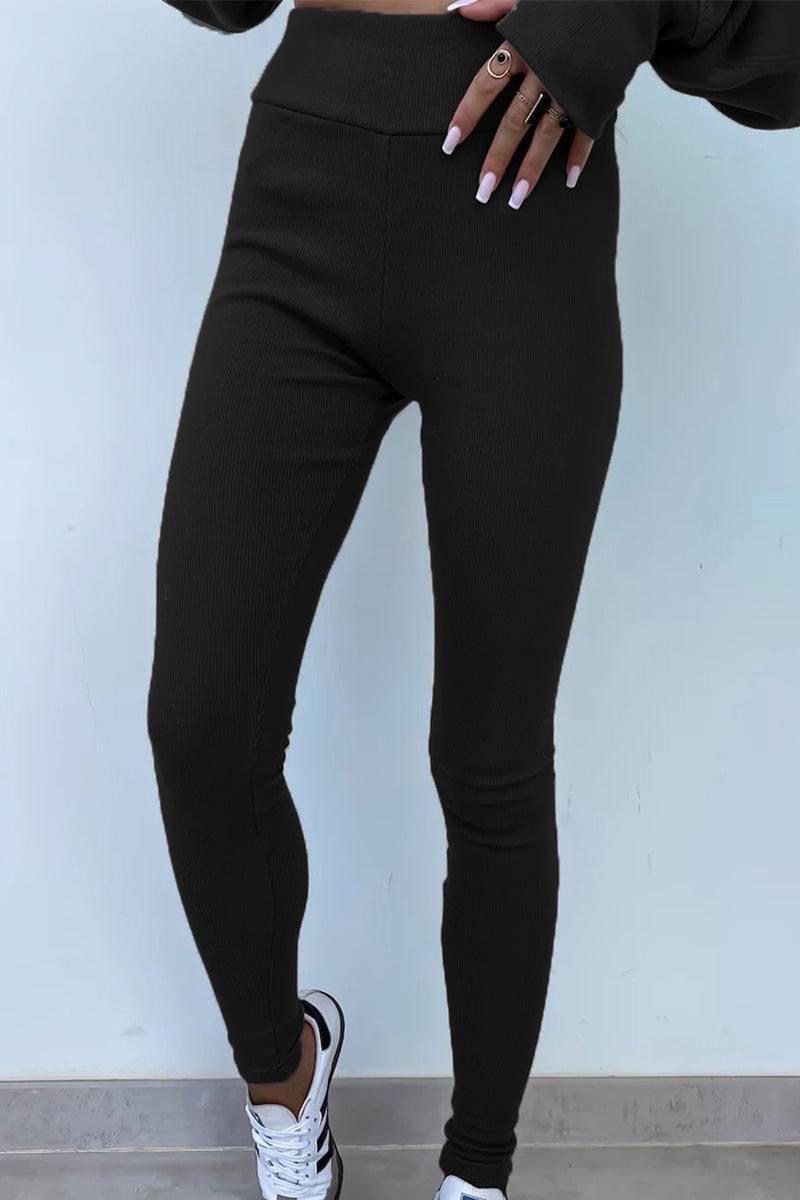 Close-up of black high-waisted leggings from TimelessChic Ultra Comfortable Two-Piece Set showing soft stretch fabric and fitted silhouette