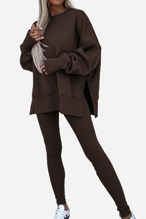 TimelessChic Ultra Comfortable Two-Piece Set in dark brown breathable polyester-spandex with relaxed top and high-waisted leggings.