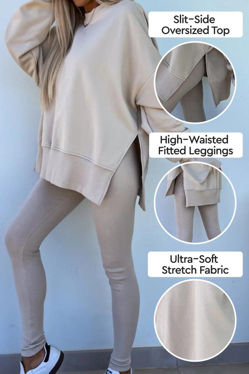 TimelessChic Ultra Comfortable Two-Piece Set with slit-side oversized top and high-waisted fitted leggings in ultra-soft stretch fabric