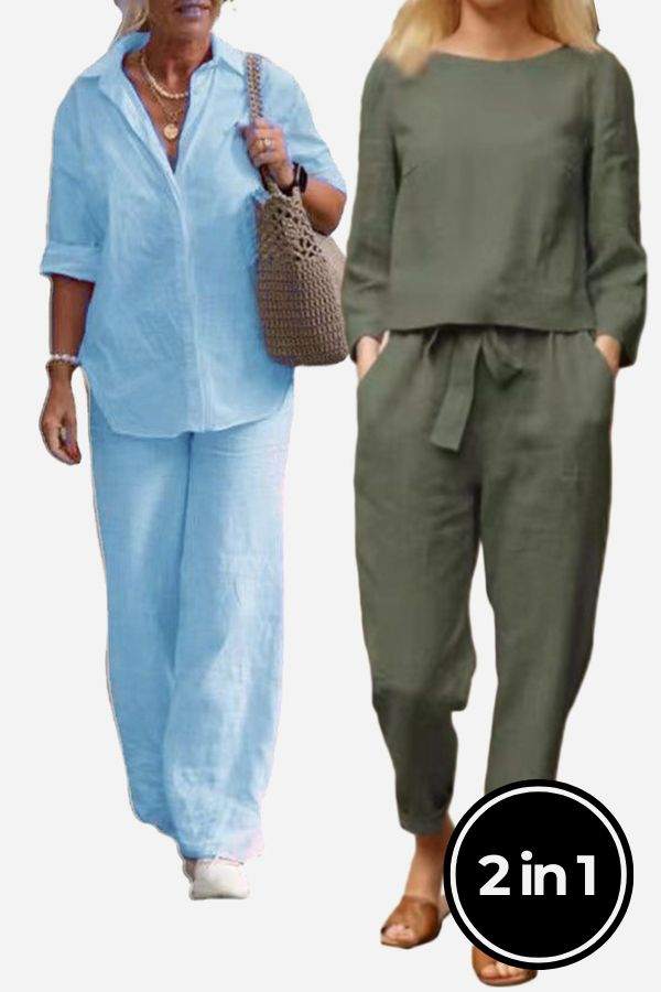 Two women wearing breathable casual chic duo sets with relaxed fit trousers and tops, one in light blue cotton and the other in dark linen blend, styled for comfort and effortless mix and match options.