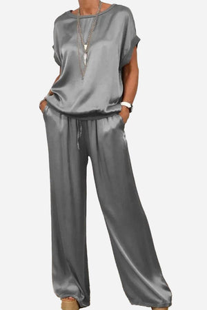Silken Escape Satin Two-Piece Set gray satin top and wide-leg pants with relaxed fit and soft stretch waistband