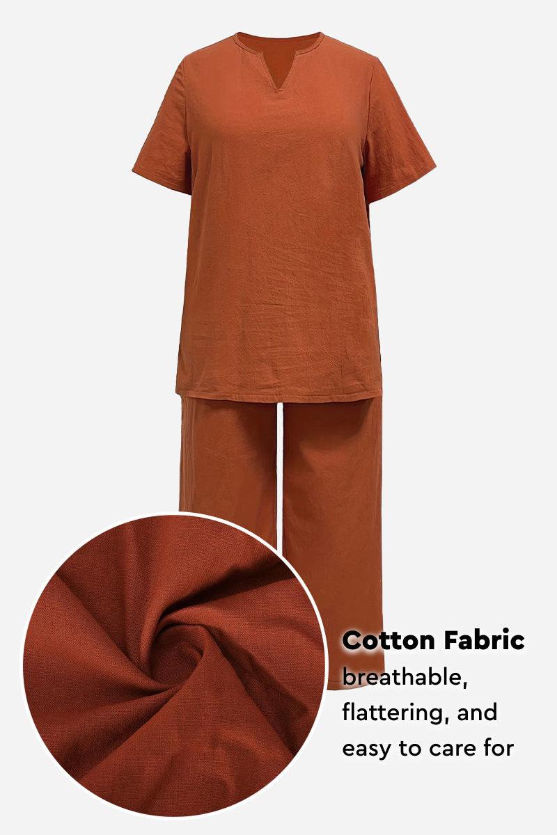 Breezy cotton blend two-piece set in rust color with breathable, flattering fabric.