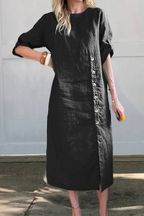 Black Pure Cotton Elegance midi dress with buttons and three-quarter sleeves for comfortable stylish wear