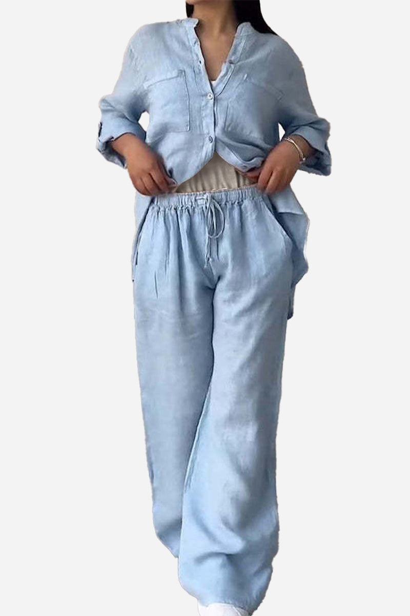 Woman wearing light blue 100% cotton double comfort two-piece set with relaxed fit and drawstring pants