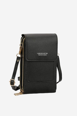Black anti-theft travel crossbody phone pouch made of durable PU leather with adjustable strap and secure zipper compartments