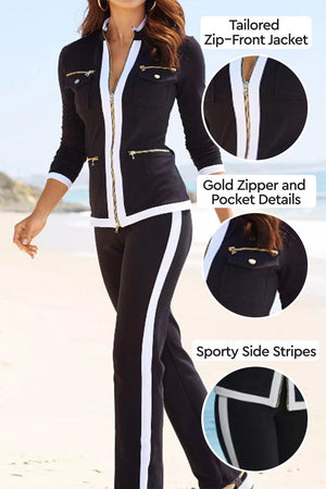 Black contrast zip two-piece with tailored zip-front jacket, gold zipper details, and sporty white side stripes.