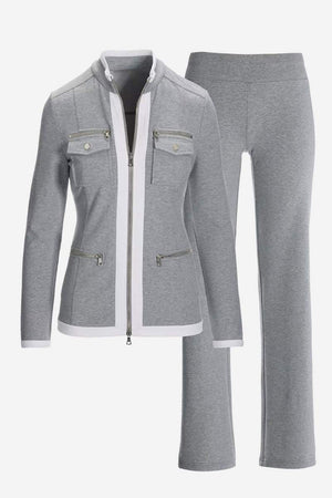Grey contrast zip two-piece set with fitted jacket and matching pants