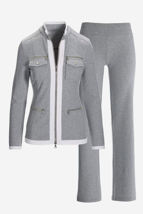 Grey contrast zip two-piece set with fitted jacket and matching pants