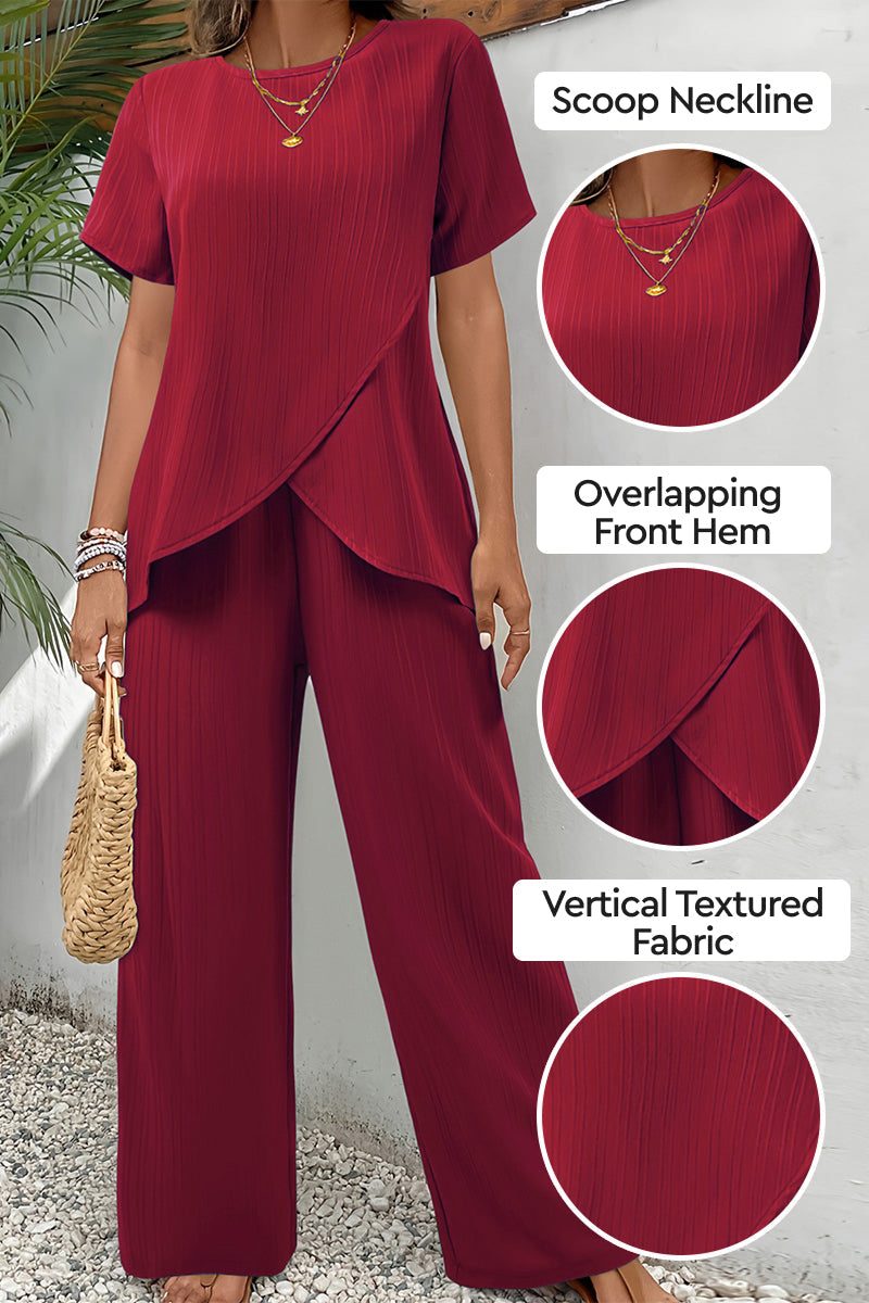 Textured Elegance two-piece set in deep red with scoop neckline, overlapping front hem, and vertical textured fabric.