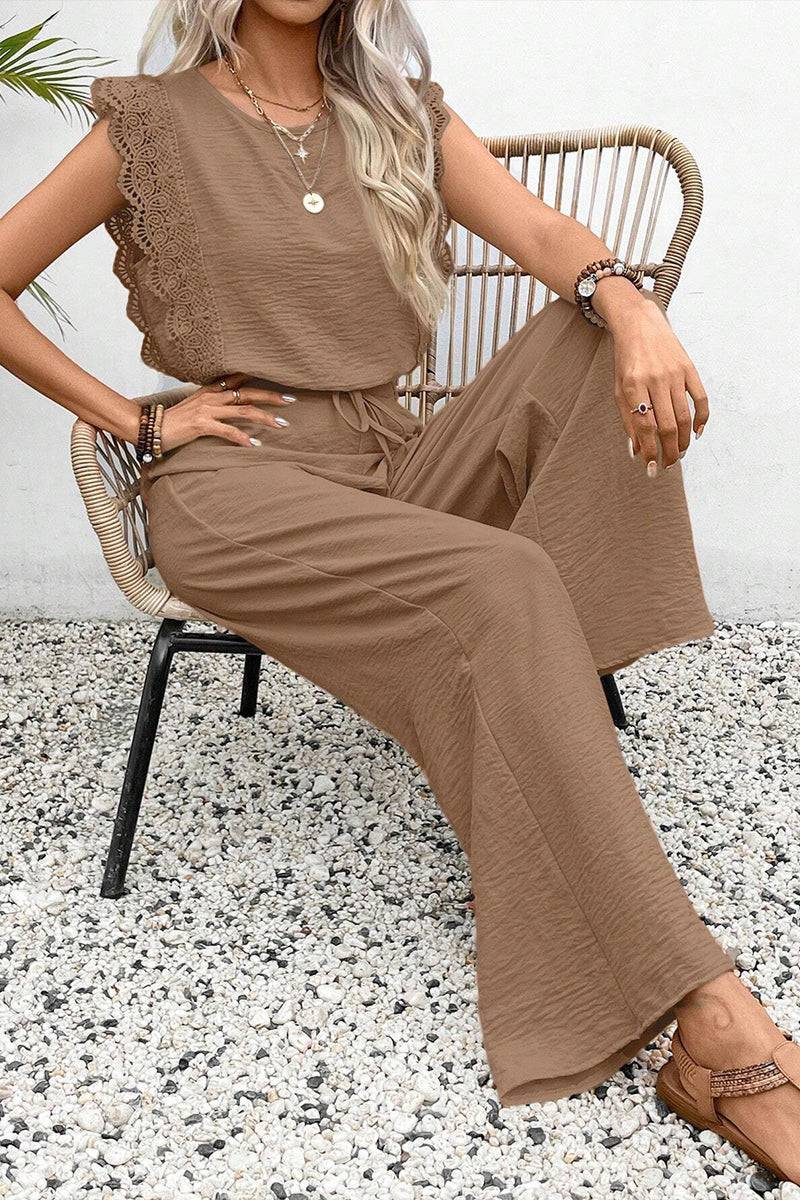 Brown elegant two-piece set with lace detail, soft fabric, and relaxed fit, perfect for comfortable, stylish wear.