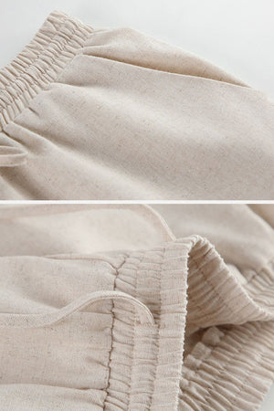 close-up of breathable cotton-linen blend fabric with elastic waistband detail