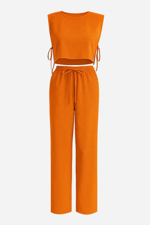 Breathable cotton-linen blend sleeveless orange two-piece set with drawstring pants