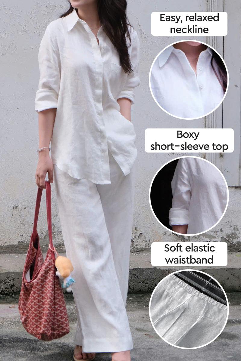 Woman wearing a 100% linen natural two-piece set featuring easy neckline, boxy short-sleeve top, and soft elastic waistband pants in white