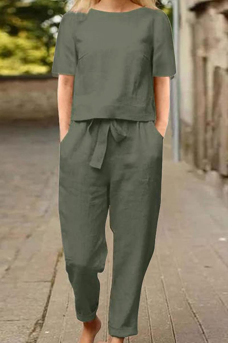 Women's cotton-linen blend monochrome two-piece set with relaxed fit and short sleeves in olive green