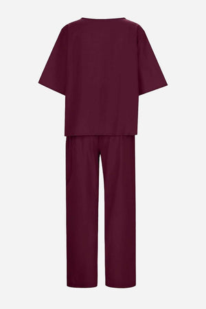 Cotton-linen blend monochrome two-piece set in deep burgundy, breathable relaxed fit top and pants