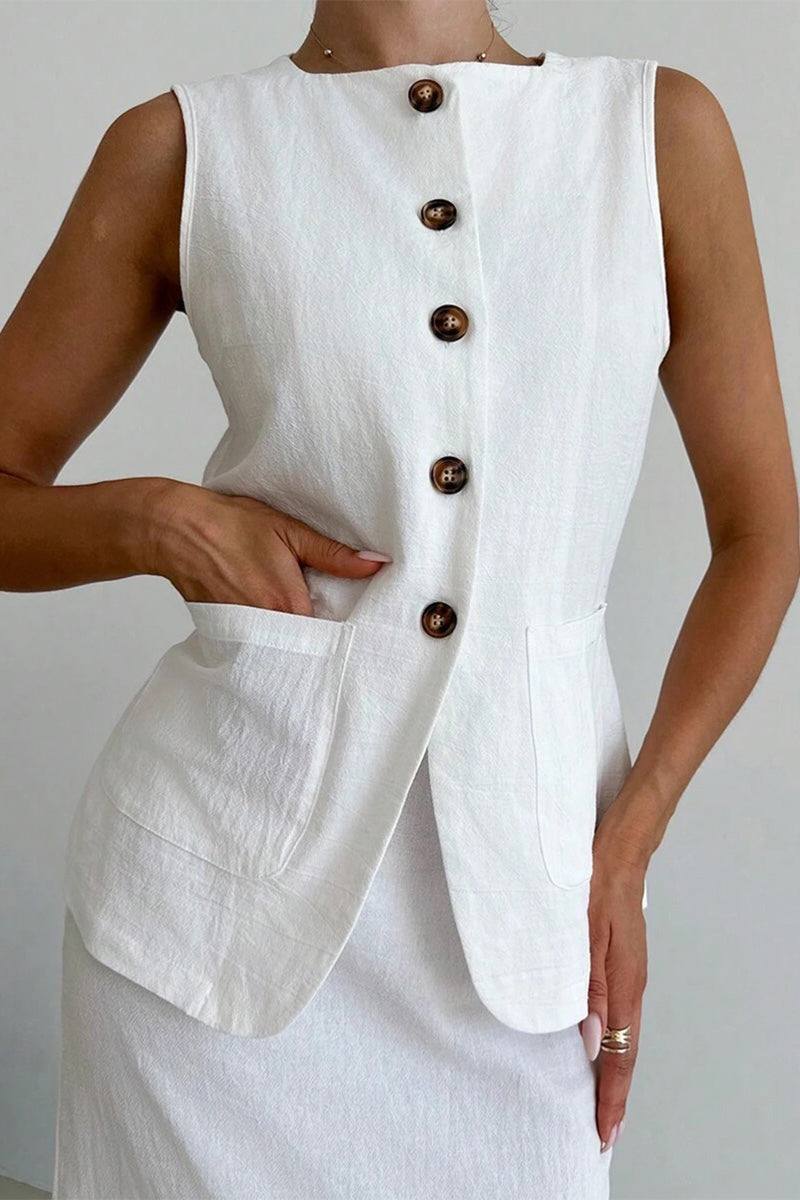 White sleeveless cotton-linen blend vest with buttons and front pockets, paired with matching high-waisted skirt.