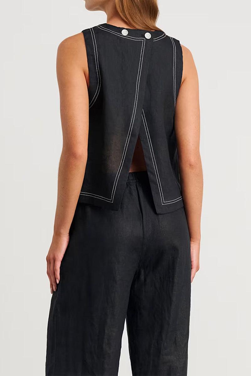 Back view of black Cotton-Linen Relaxed two-piece set with split-back top and wide-leg pants