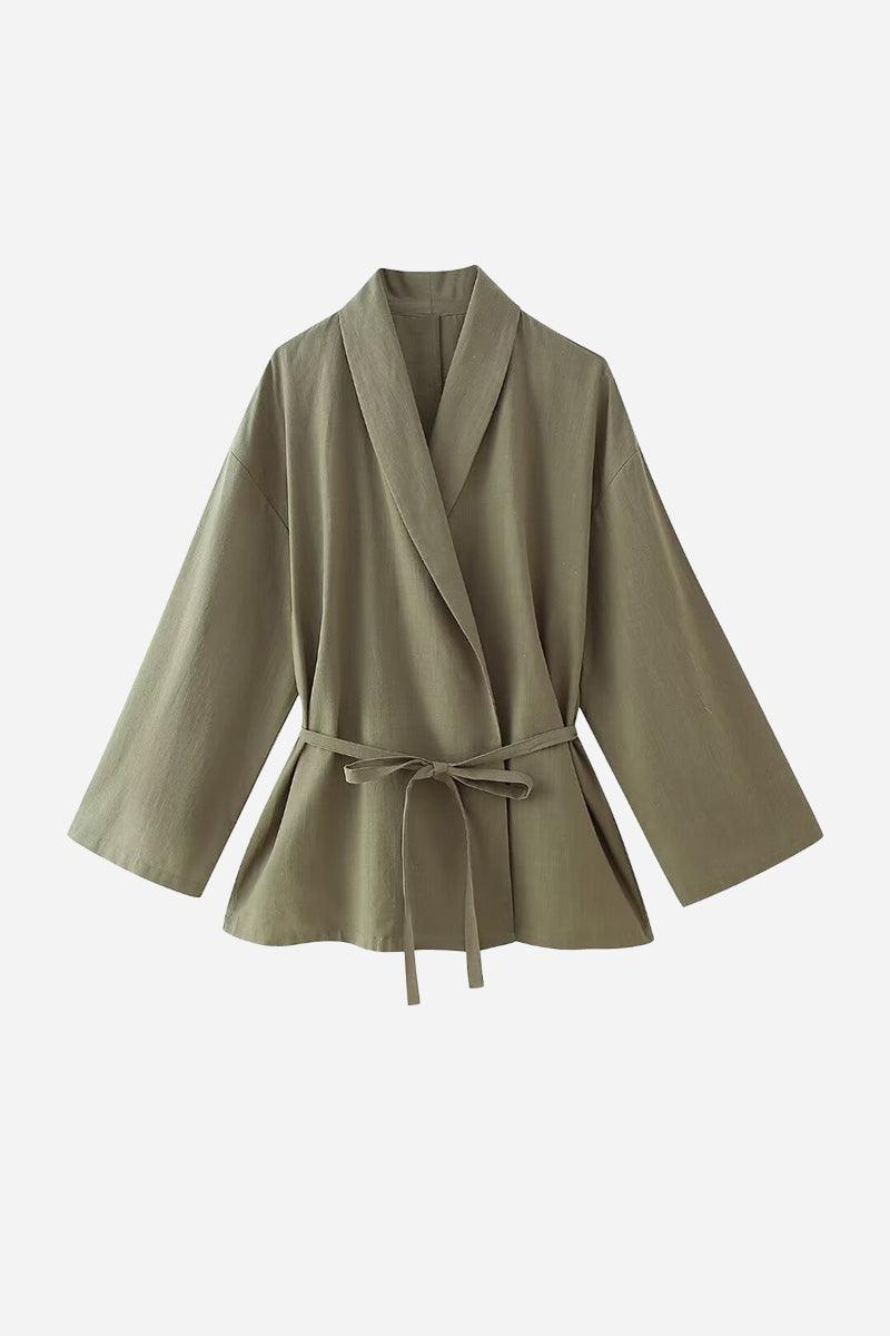 Olive green wide-leg top from Mix-Match Lounge-to-Travel Set with belted waist and relaxed fit