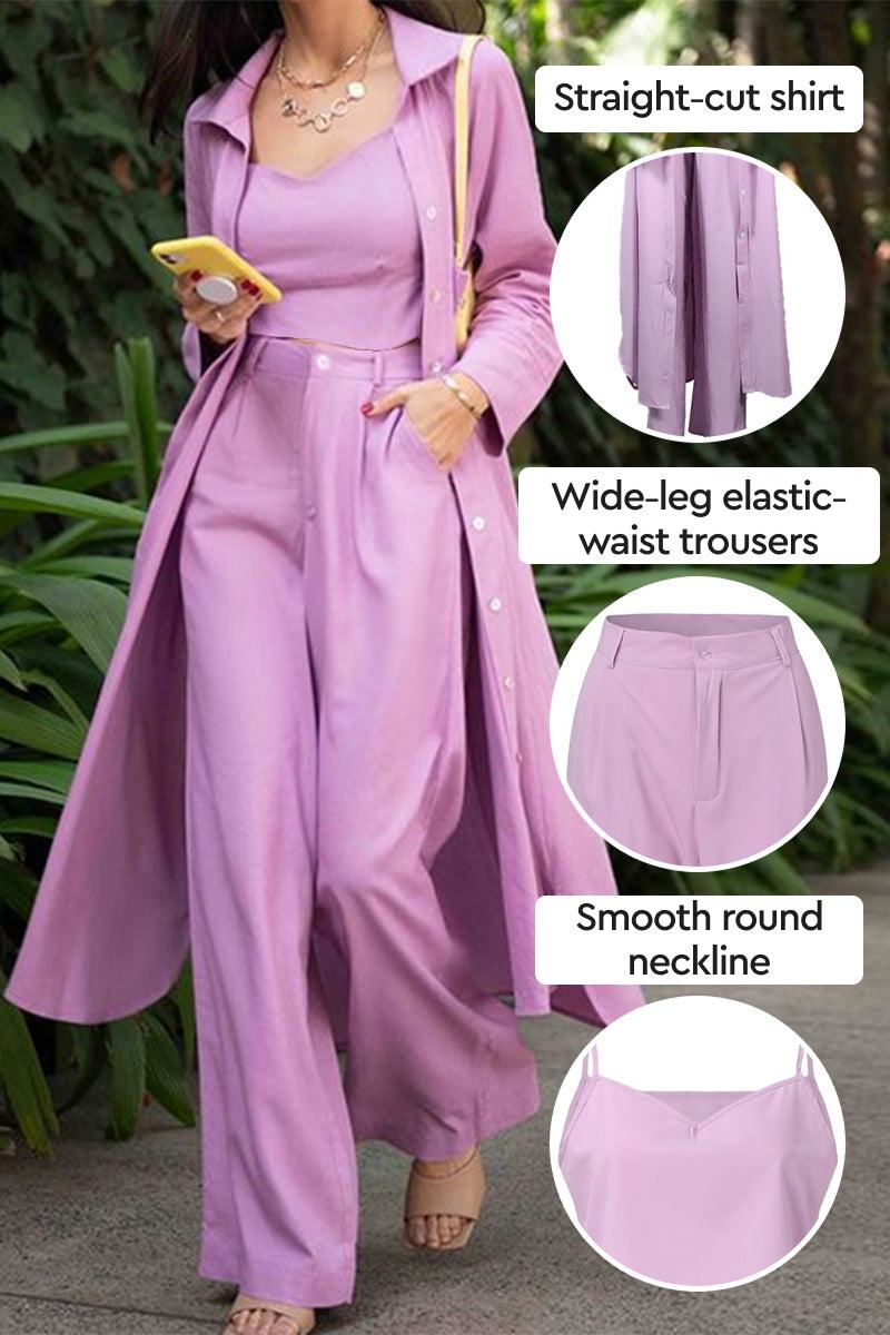 Relaxed fit shirt and wide-leg elastic waist trousers three-piece set in soft pink with smooth round neckline and straight-cut shirt.