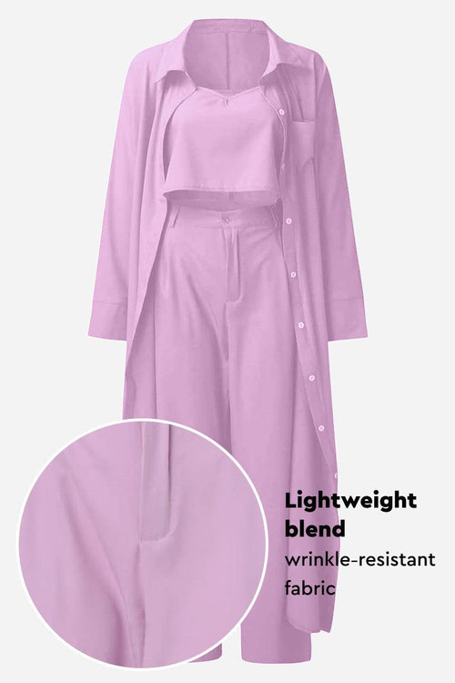Pink relaxed fit shirt and trouser three-piece set in lightweight wrinkle-resistant fabric