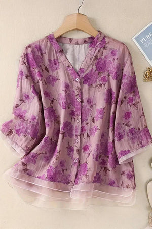 French boutique style organza floral print blouse with lightweight, breathable fabric and elegant purple flowers