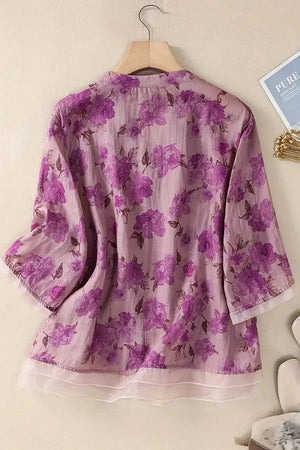 French boutique style organza blouse with purple floral print, lightweight and elegant design