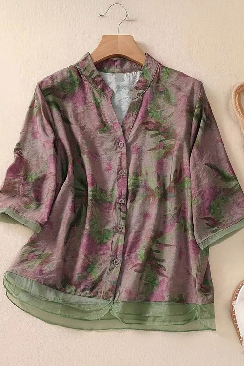 French boutique style organza floral print blouse with lightweight, elegant fabric and delicate flower design