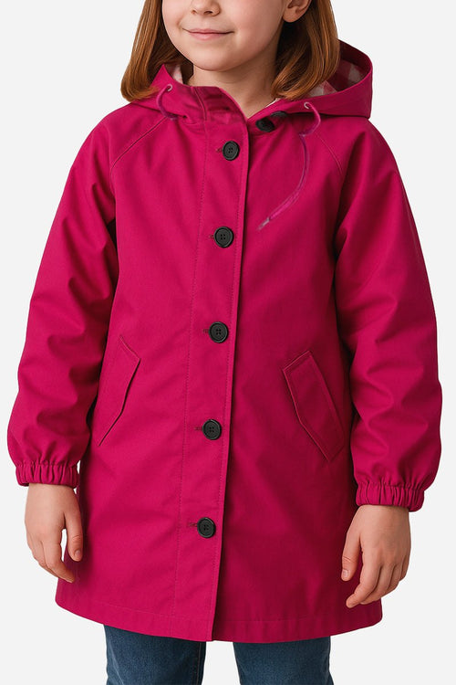 Junior water resistant oversized hooded windbreaker rain jacket for kids in bright pink color