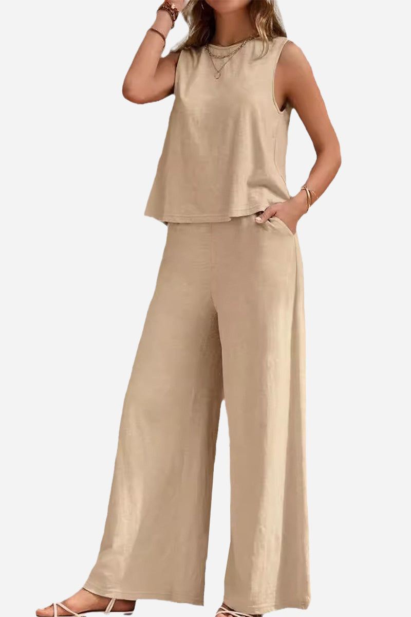 Beige sleeveless wide leg pants set with soft, wrinkle-resistant fabric and relaxed fit for comfortable travel and versatile styling