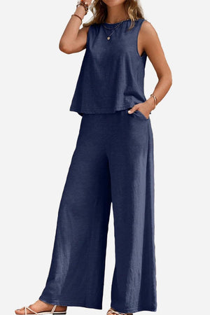 Navy sleeveless wide leg pants set with soft, wrinkle-resistant fabric for comfortable stylish wear
